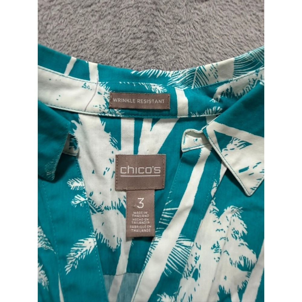 Chico's Sleeveless Blouse Womens Size 3 Teal Palm Print Tropical Resort - Picture 5 of 11